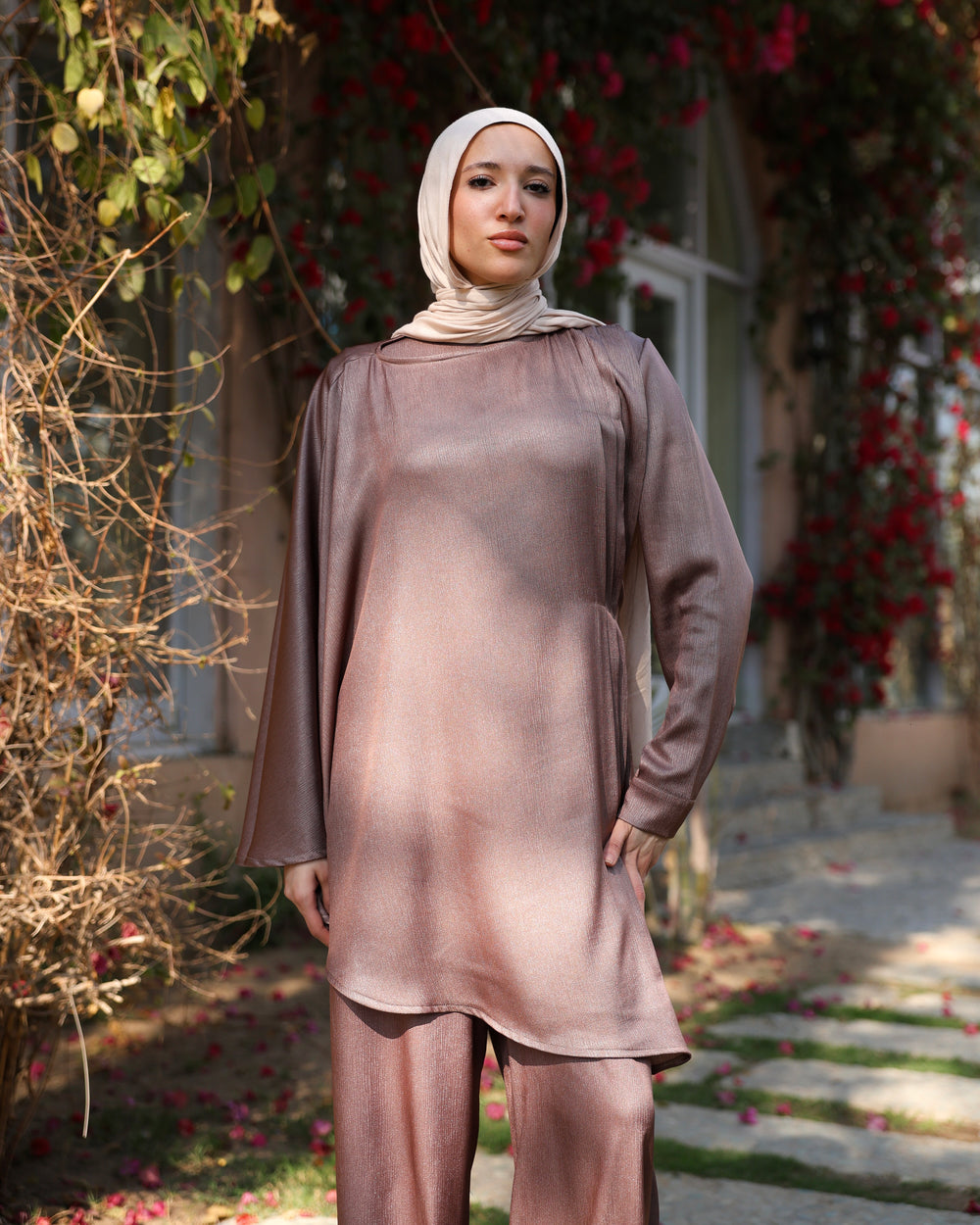 Shimmer Cape-Overlay Jumpsuit Cafe C1781