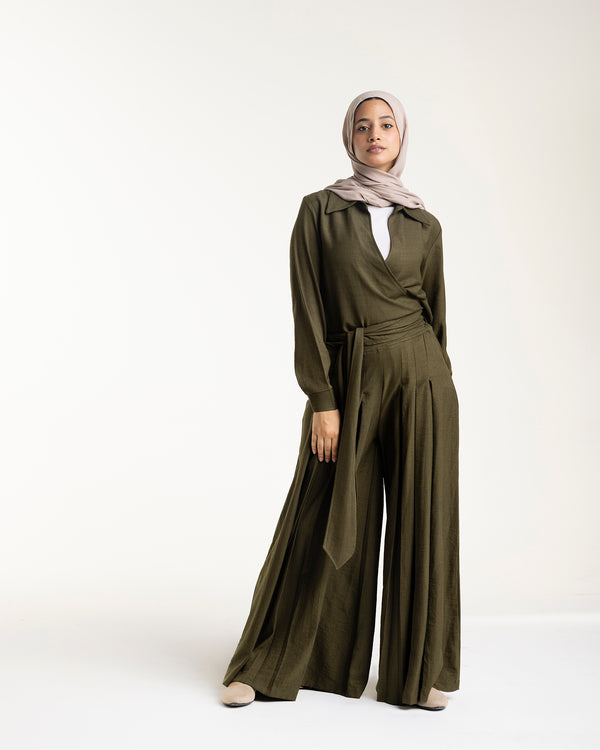 Linen Pleated Jupe Pantalon Olive C148