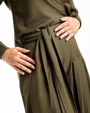 Linen Pleated Jupe Pantalon Olive C148