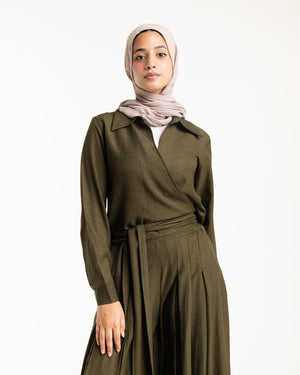 Linen Wrap Blouse Olive C155