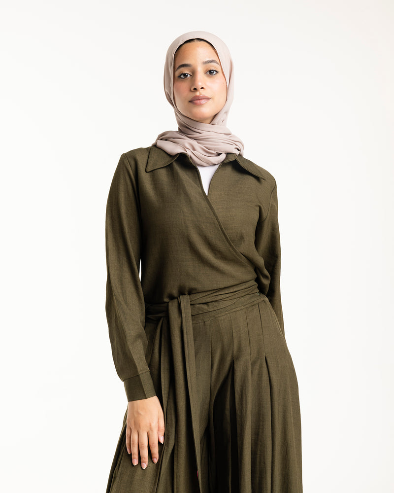 Linen Wrap Blouse Olive C155