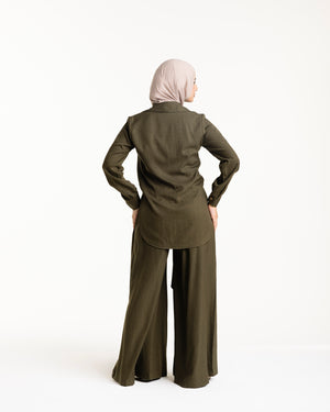 Linen Pleated Jupe Pantalon Olive C148