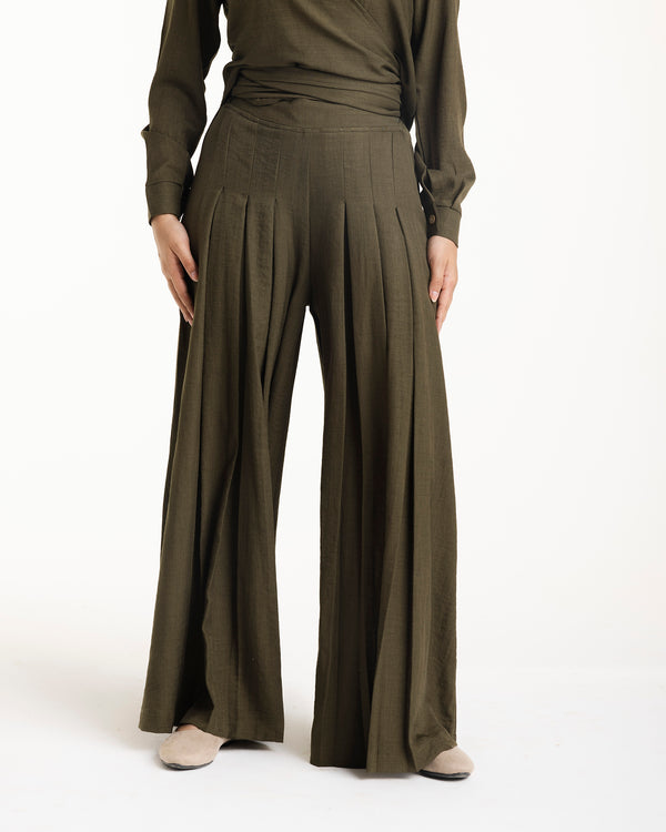 Linen Pleated Jupe Pantalon Olive C148