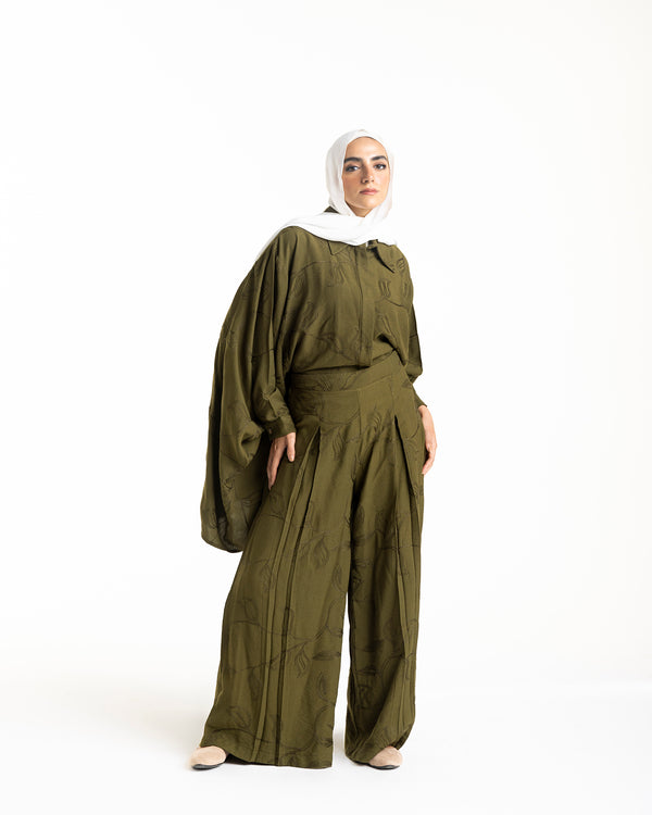 Embroidered Wide Leg Pants Olive C1703