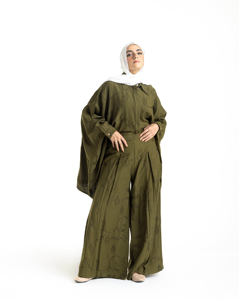 Embroidered Wide Leg Pants Olive C1703