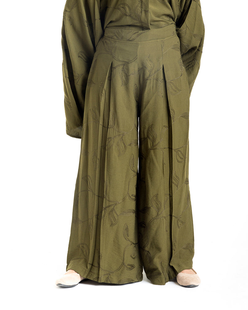 Embroidered Wide Leg Pants Olive C1703