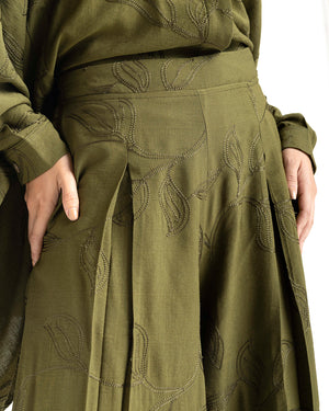 Embroidered Wide Leg Pants Olive C1703
