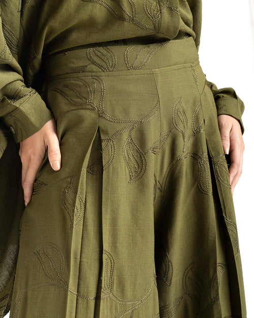 Embroidered Wide Leg Pants Olive C1703