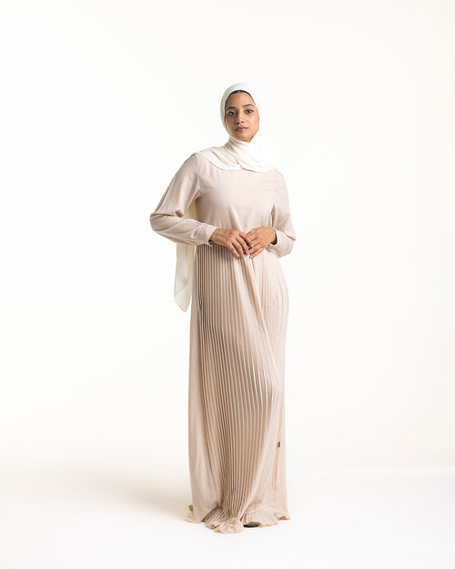 Sleeved Pleated Dress Cream C211