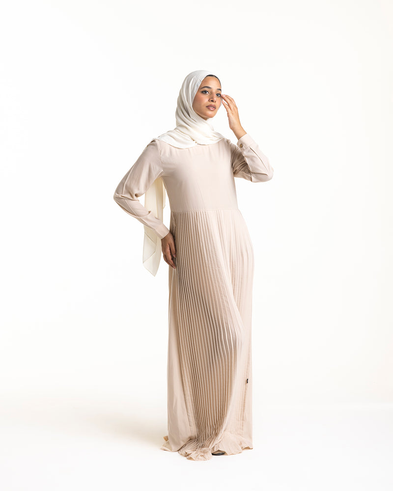 Sleeved Pleated Dress Cream C211