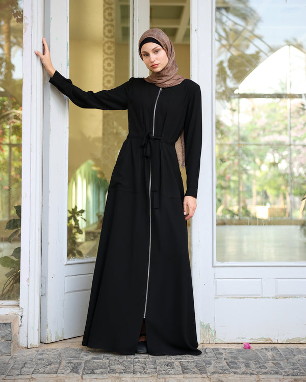Zipper Abaya With Waist Tie C188