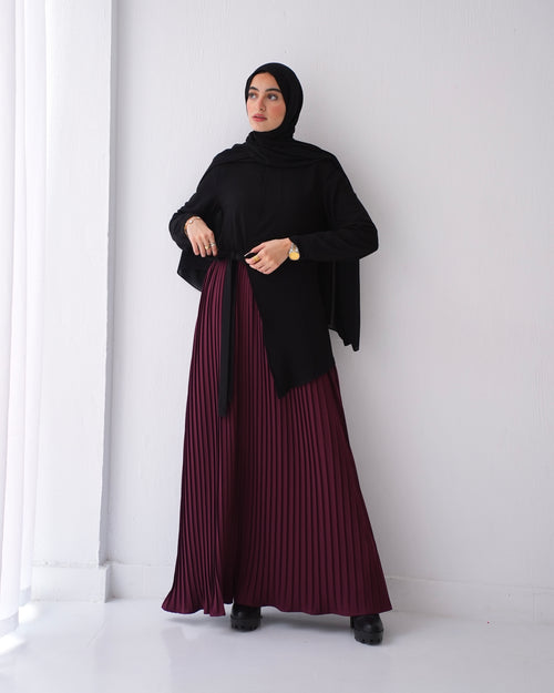 Side Wrap Pleated Abaya Burgundy C113