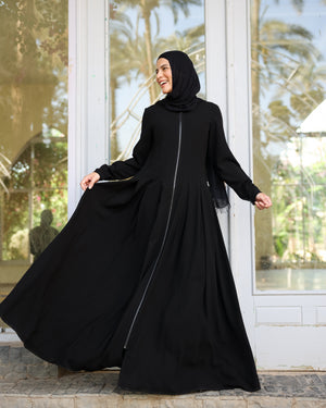 Zipper Pleated Abaya Black C289