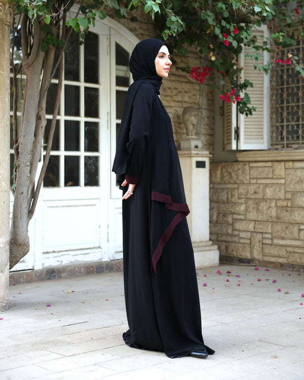 Abaya With Front Chiffon Drape Black Maroon C65