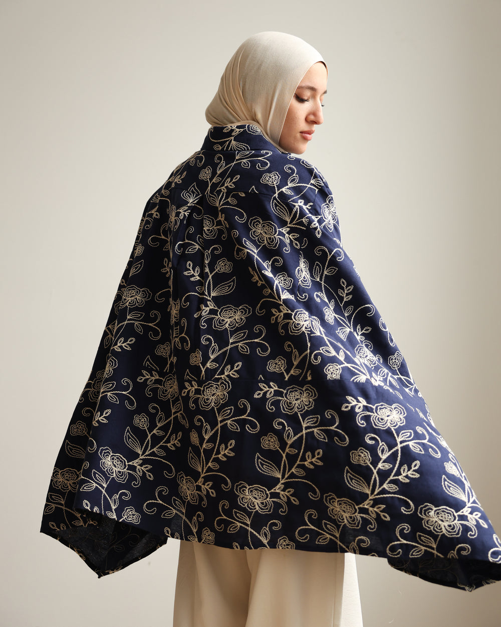 Floral Embroidered Oversized Linen Shirt Navy C2190