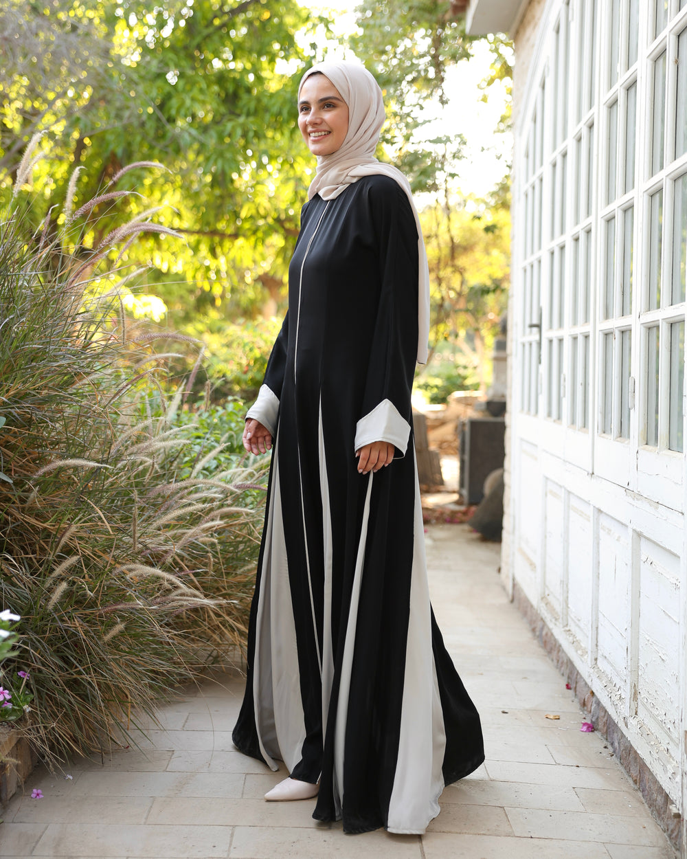 Silk Panel Abaya Beige C238