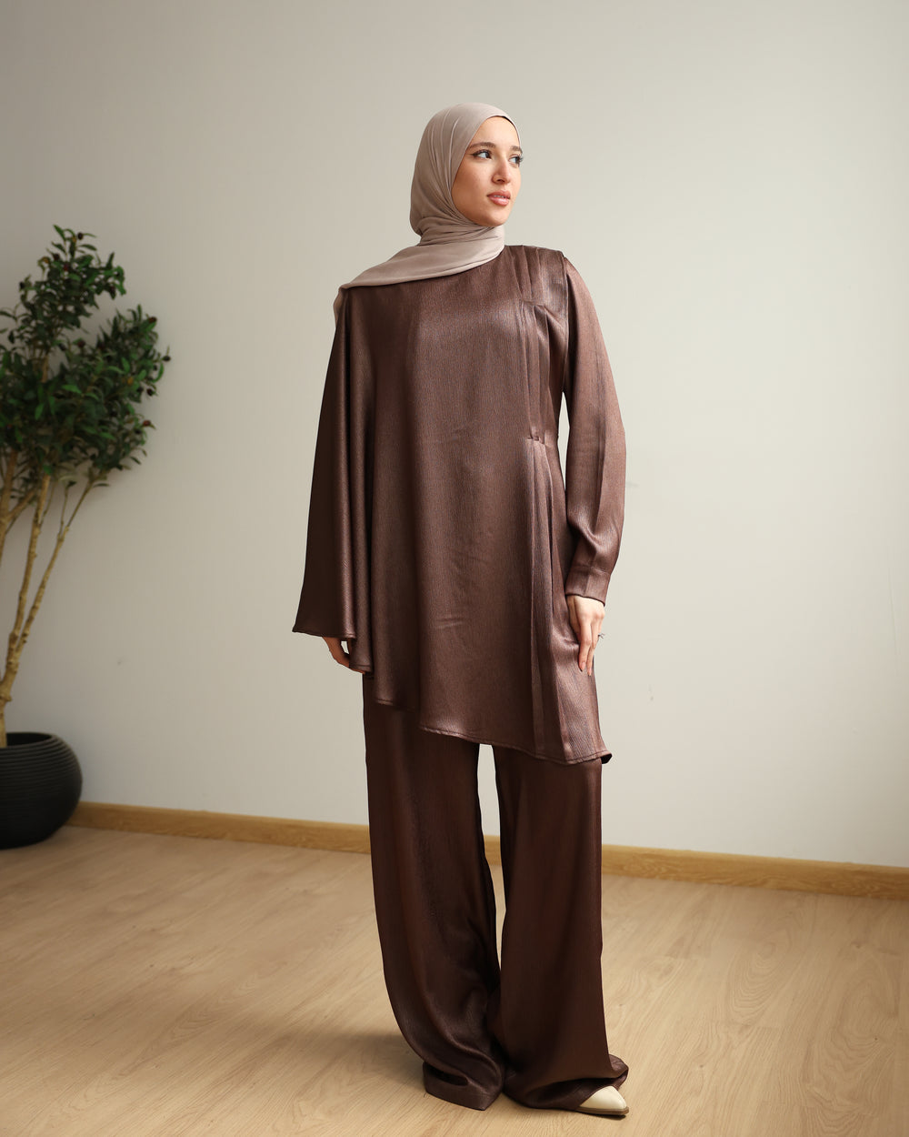 Shimmer Cape-Overlay Jumpsuit Brown C1781