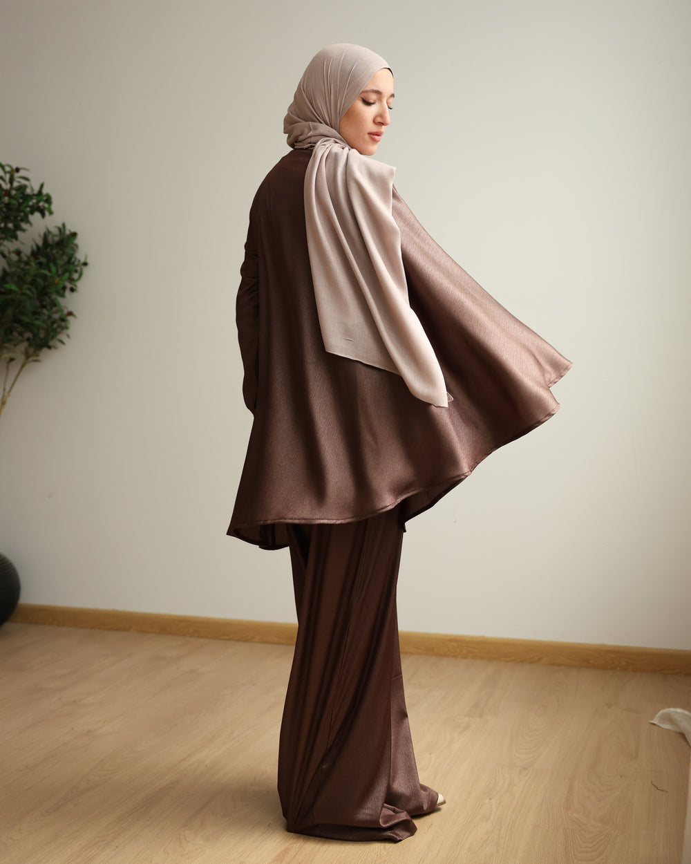 Shimmer Cape-Overlay Jumpsuit Brown C1781