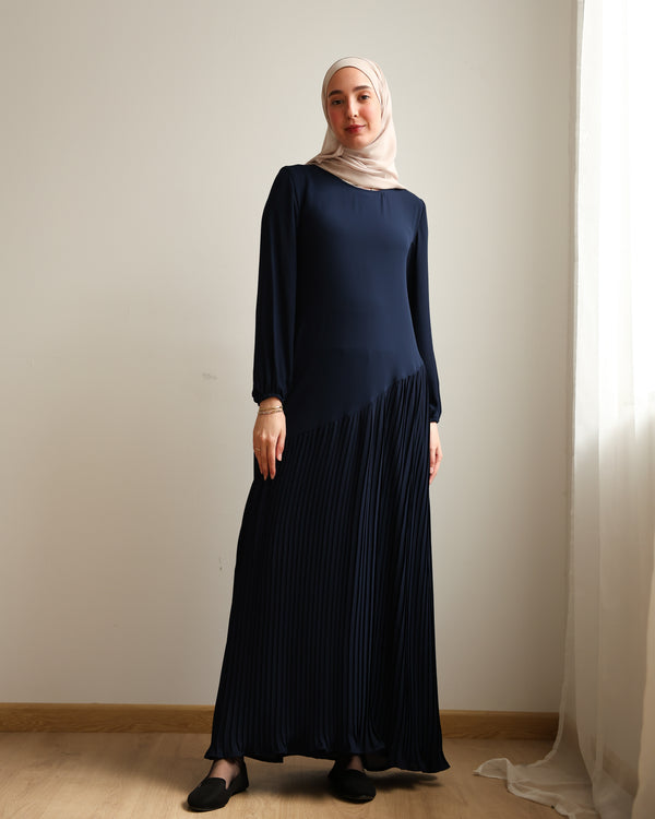 Pleated Chiffon Dress Navy C74