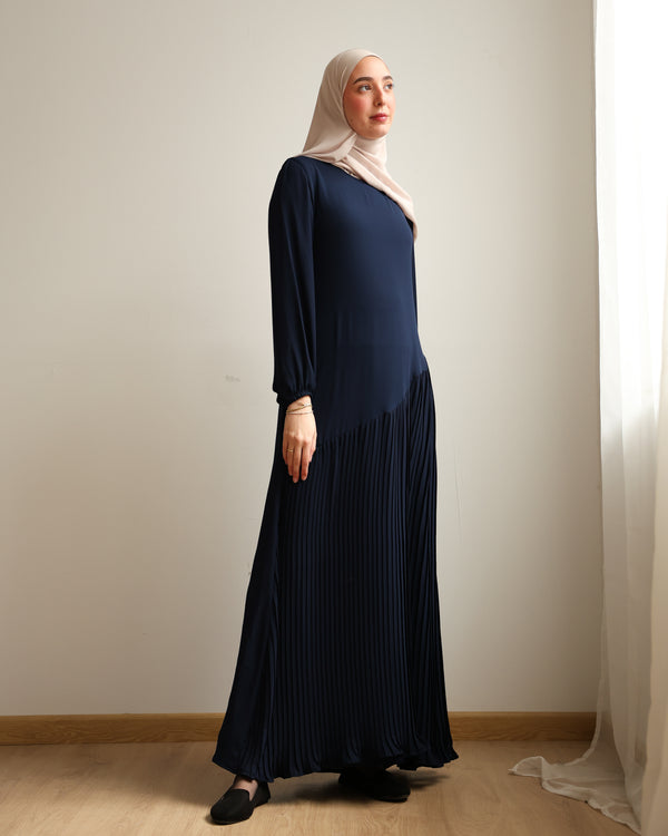 Pleated Chiffon Dress Navy C74