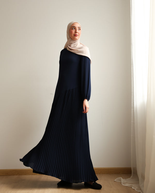 Pleated Chiffon Dress Navy C74