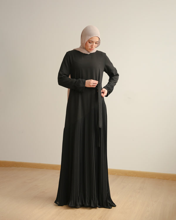 Crepe Abaya with Front Chiffon Pleats Black C740