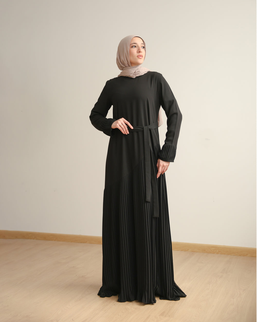 Crepe Abaya with Front Chiffon Pleats Black C740