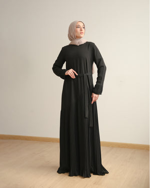 Crepe Abaya with Front Chiffon Pleats Black C740