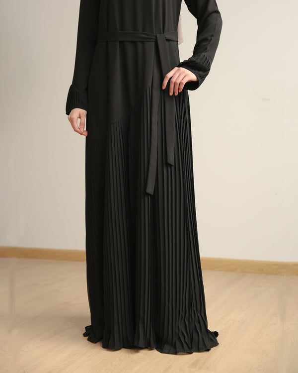 Crepe Abaya with Front Chiffon Pleats Black C740