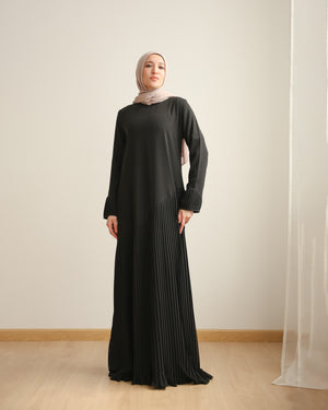 Crepe Abaya with Front Chiffon Pleats Black C740