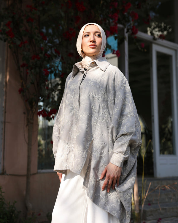 Floral Embroidered Oversized Linen Shirt Grey C2190
