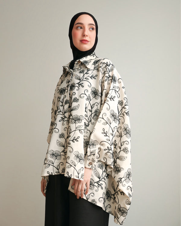 Floral Embroidered Oversized Linen Shirt Cream C2190