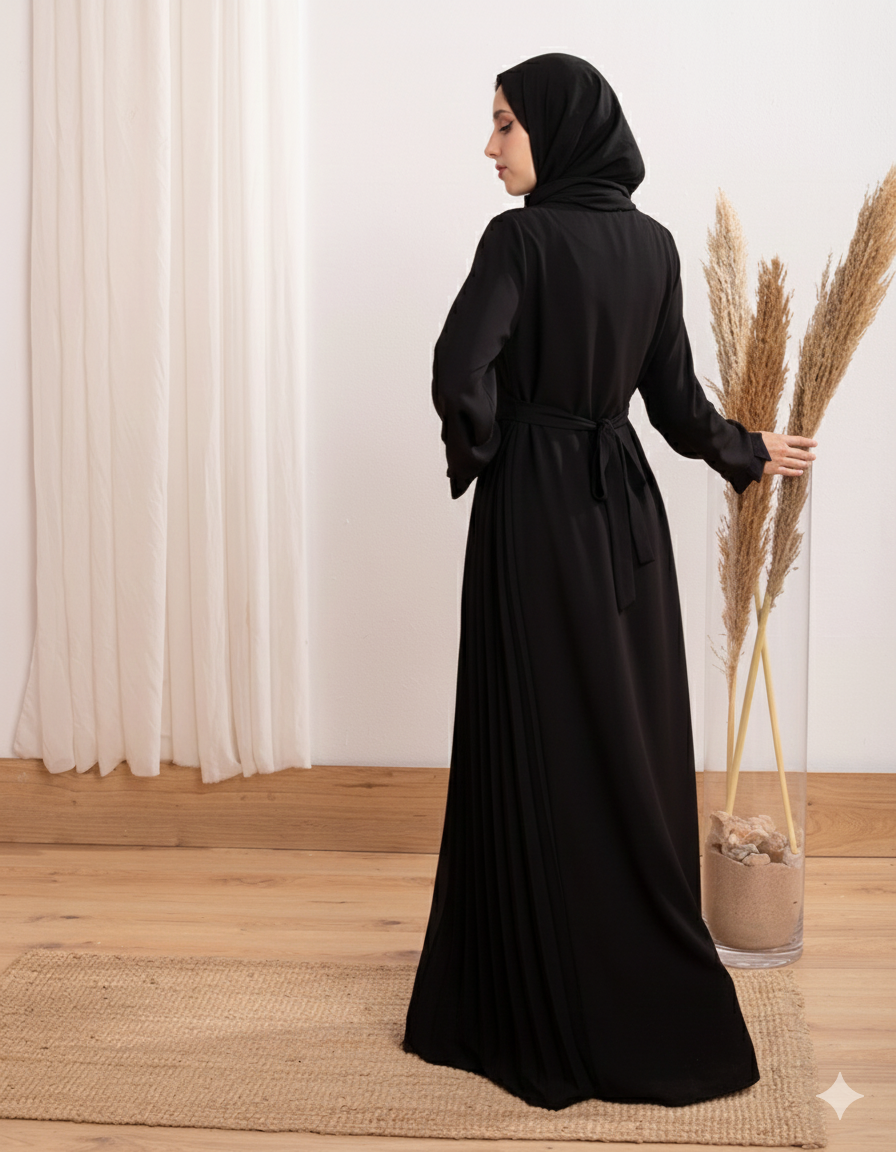 Asymmetrical Pleated Abaya Black C104