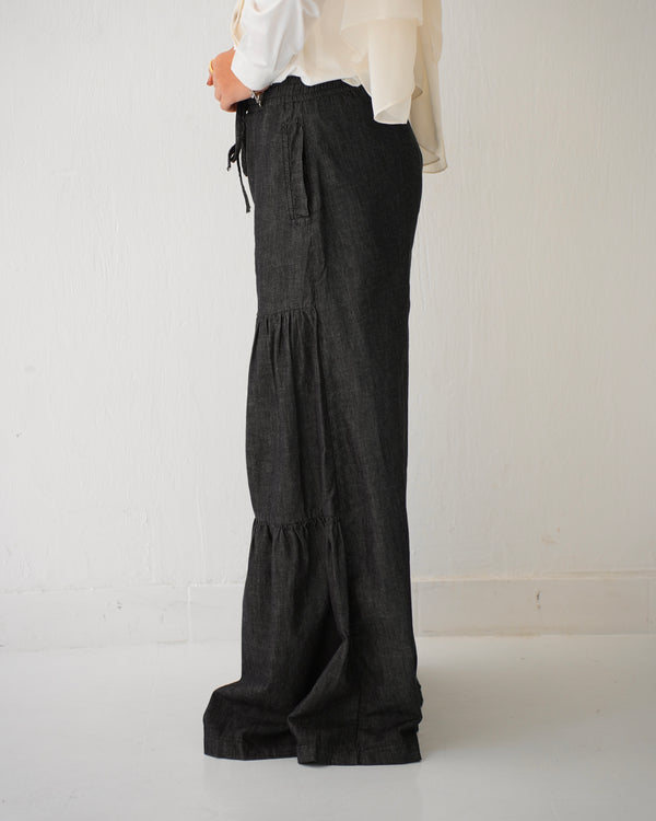 Tiered Wide Leg Denim Pants Black Grey C1902