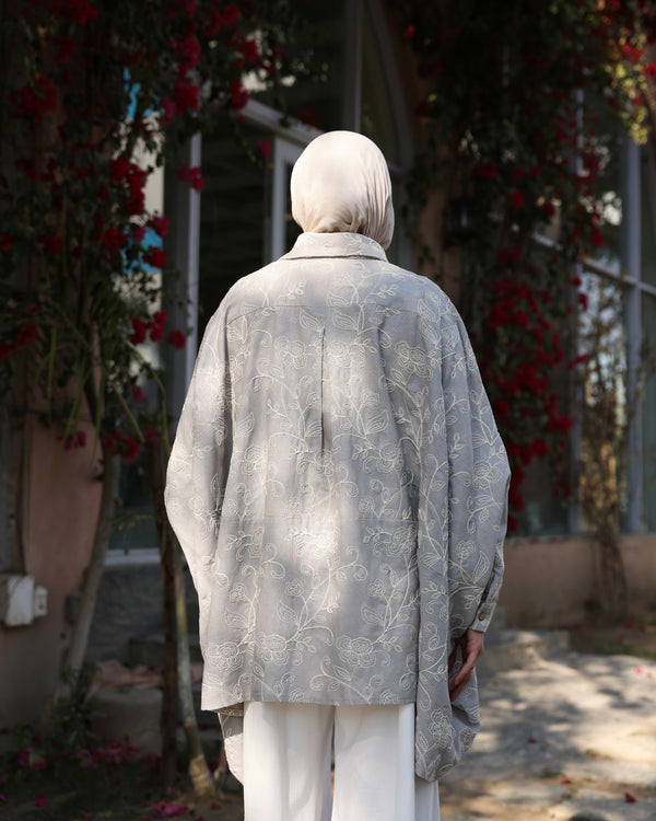 Floral Embroidered Oversized Linen Shirt Grey C2190