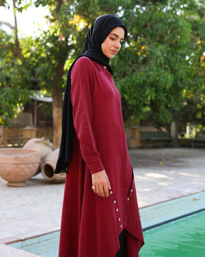High Low Linen Buttoned Shirt Maroon C2751