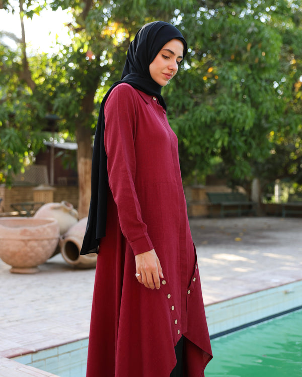 High Low Linen Buttoned Shirt Maroon C2751