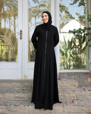 Zipper Pleated Abaya Black C289