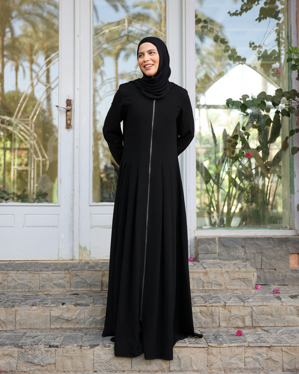 Zipper Pleated Abaya Black C289