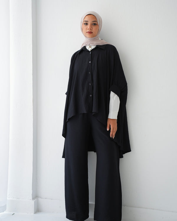 Over Sized Poncho and Pants Set Black C11063