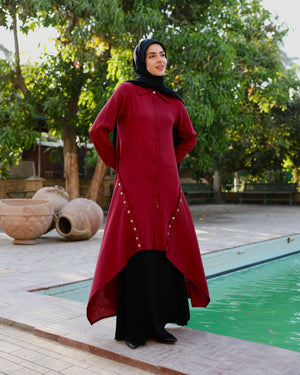 High Low Linen Buttoned Shirt Maroon C2751
