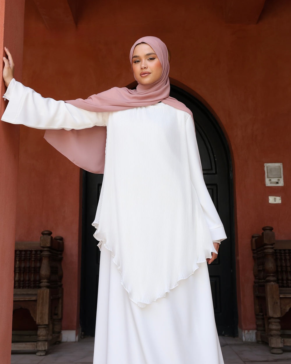 Pleated Layered Abaya Offwhite C1102