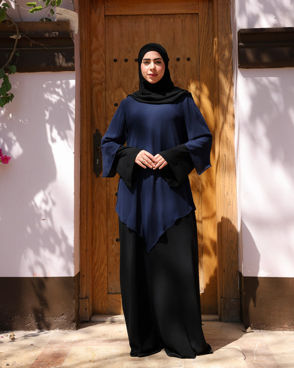 The Asymmetric Layered Abaya Black Navy C110