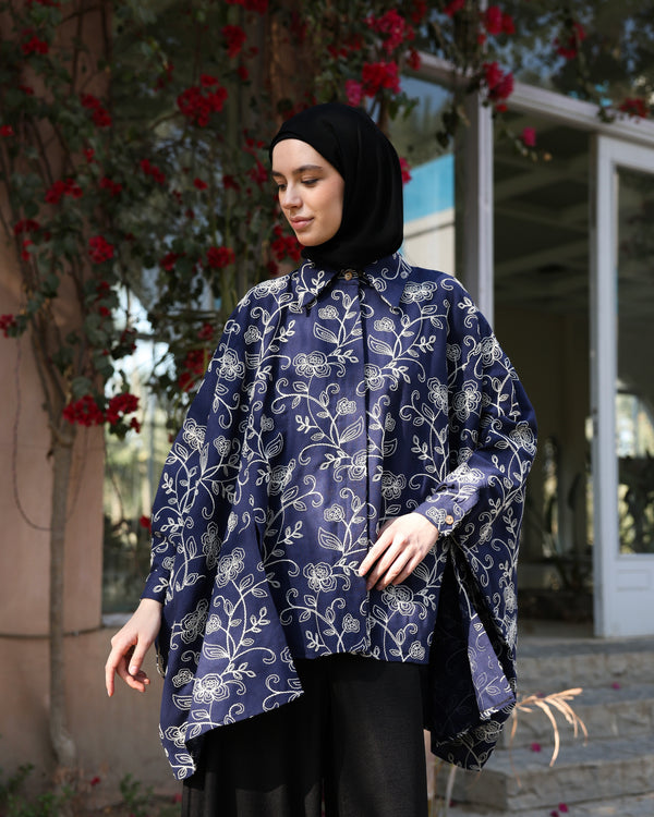 Floral Embroidered Oversized Linen Shirt Navy C2190