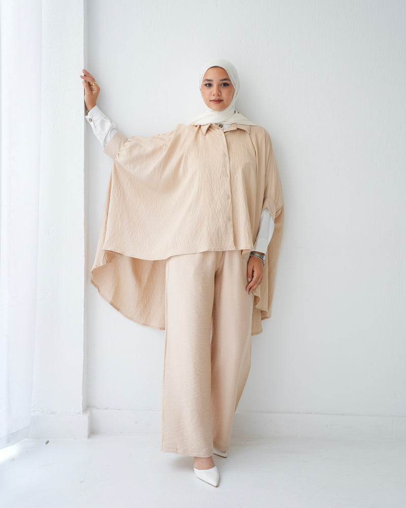 Over Sized Poncho and Pants Set Beige C11063