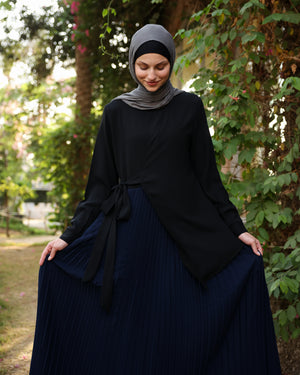 Side Wrap Pleated Abaya Navy C113