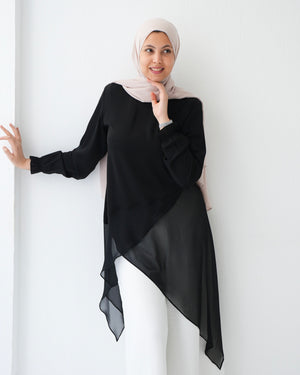 High Low Silk Chiffon Blouse Black C242