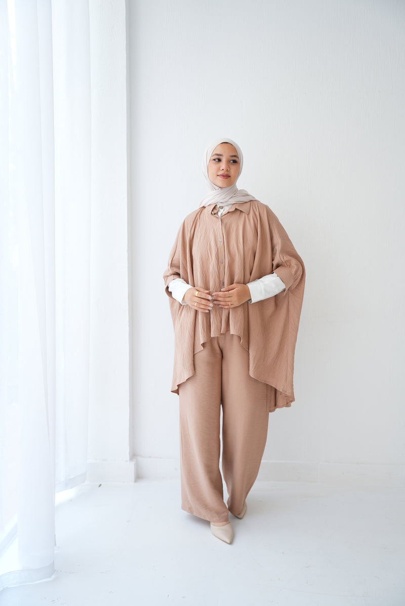 Over Sized Poncho and Pants Set Cafe C11063