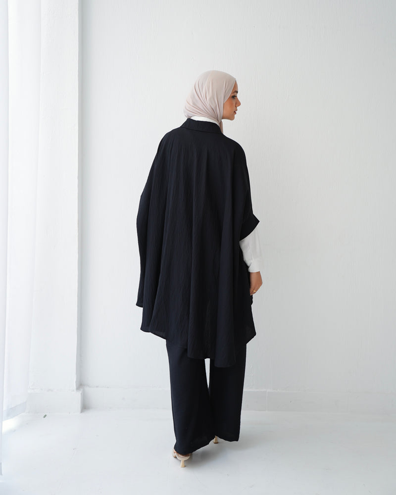 Over Sized Poncho and Pants Set Black C11063