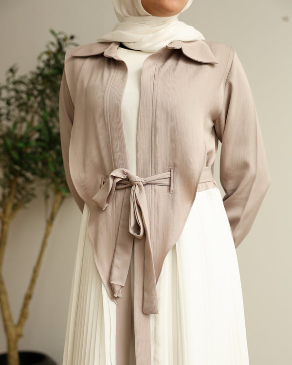 Open Pleated Abaya Beige C142